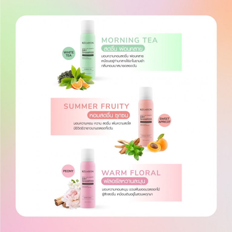 Keumyon เซนต์แอนด์สมูทดรายแชมพู 100ml กึมยอน มีตัวเลือก 3 สูตรให้เลือก Warm Floral,Morning Tea,Summer Fruity