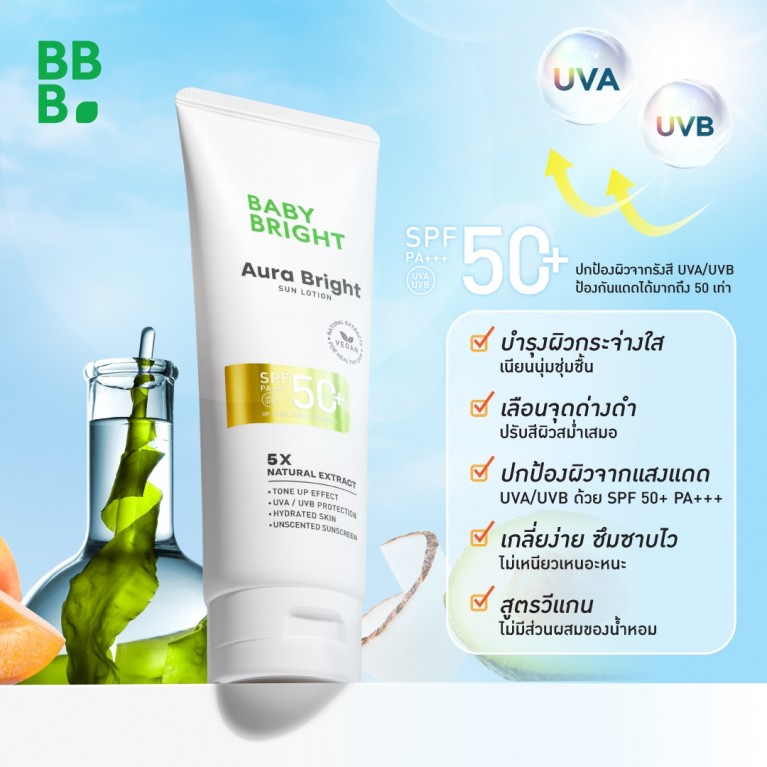 Baby Bright ออร่าไบร์ทซันโลชั่น เอสพีเอฟ50+ พีเอ+++ 160ml เบบี้ไบร์ท