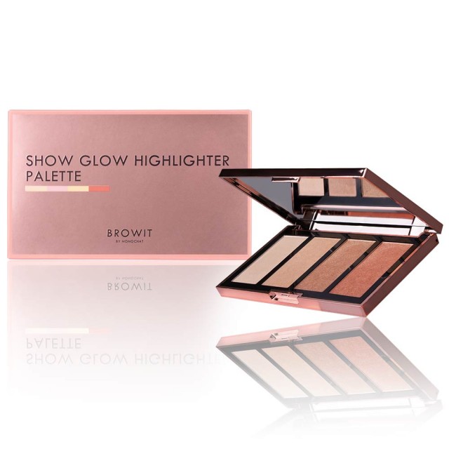 Browit โชว์โกลว์ไฮไลท์เตอร์พาเลท 4g x 4สี ซื้อสินค้า 1 ชิ้น แถมฟรี  เมคอัพเบสบรัช บราวอิท  1 ชิ้น